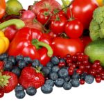 Assorted produce - bell peppers, apples, berries, blueberries, strawberries, broccoli, banana and grapes